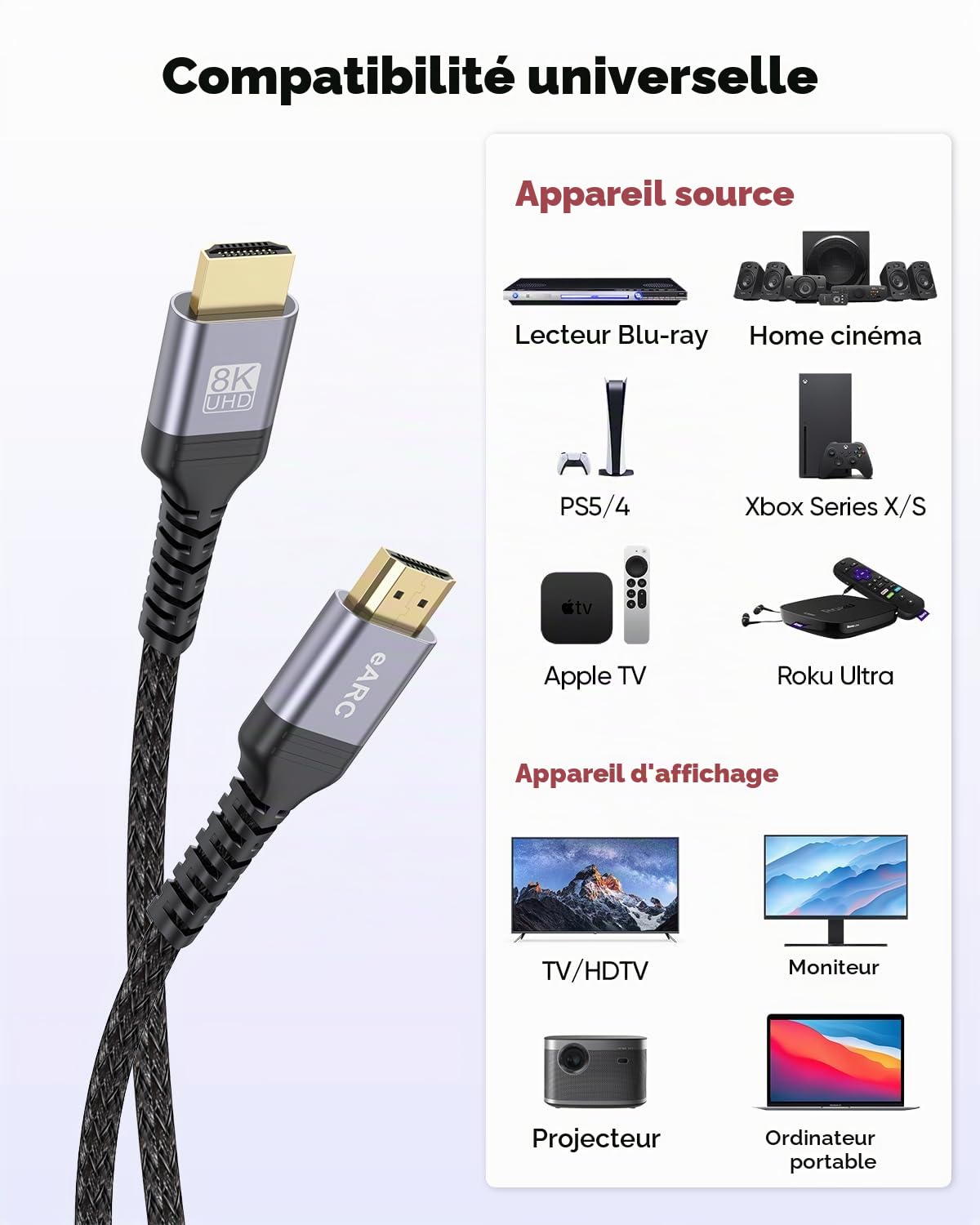 Câble HDMI ARC/eARC 8K pour barre de son vers TV 1,1 m, câble HDMI eARC 2.1 48 Gbps ultra haut débit Dolby Atmos 8K @ 60 Hz, 4K @ 120 Hz HDR 3D HDCP2.3 et 2.3 pour barre de son Vizio Sono