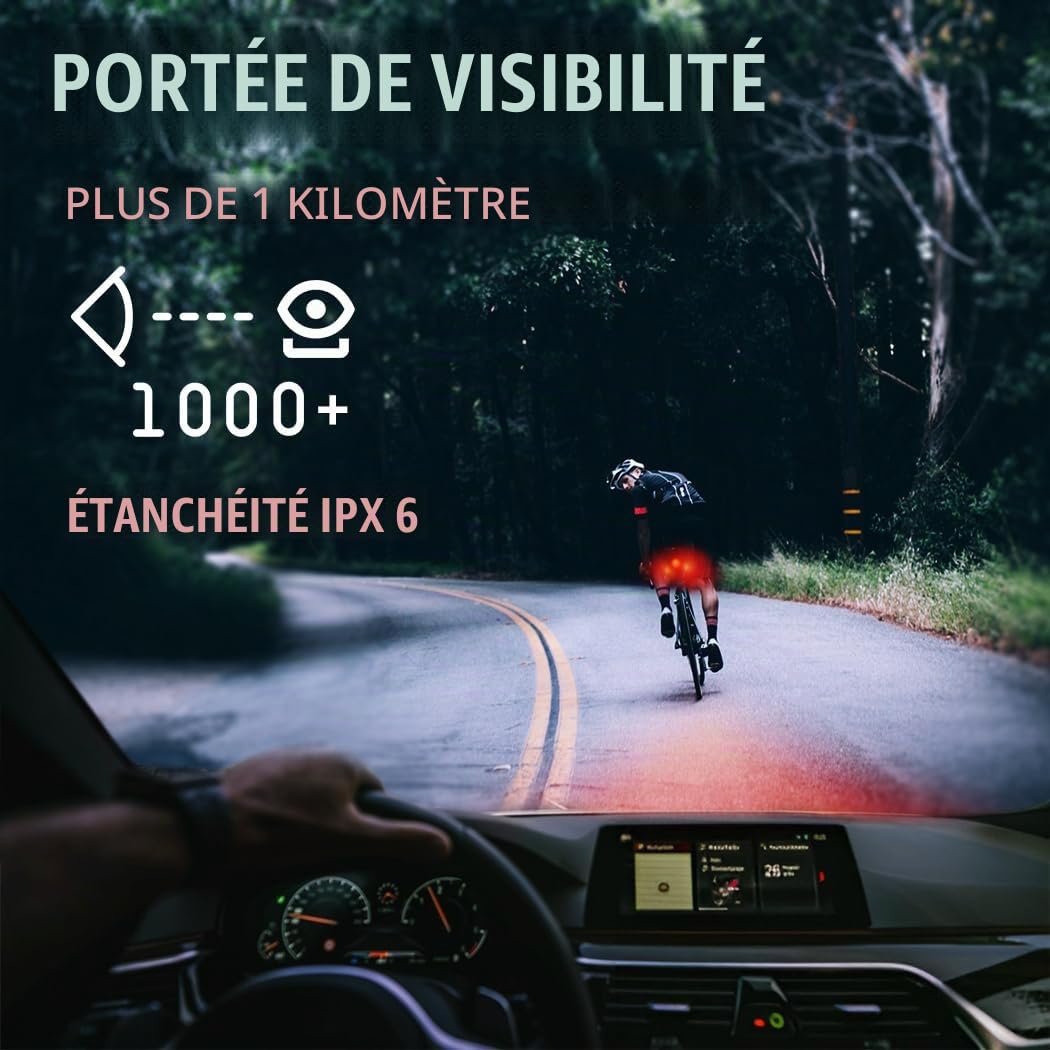 Feu Arrière de Vélo Intelligent, Feu Vélo avec Luminosité Réglable, Détection de Freinage, Éclairage Arrière pour Sécurité Nocturne