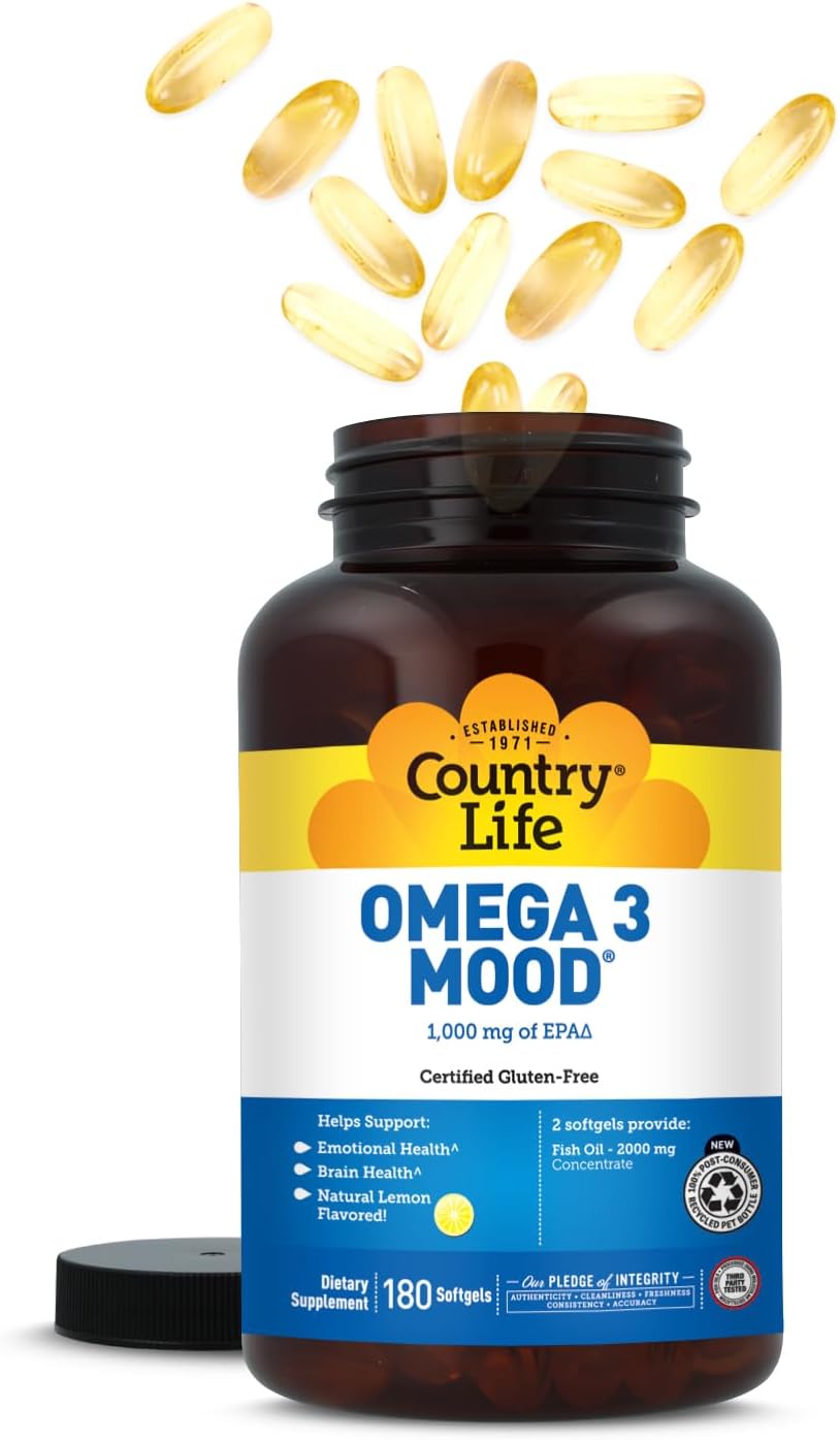 Country Life Omega 3 Fish Oil Supplement - High Concentration EPA and DHA Omega 3 Fatty Acids - 2000mg Fish Oil for Emotional Health, Mood Support, and No Fish Taste - Natural Lemon Flavor