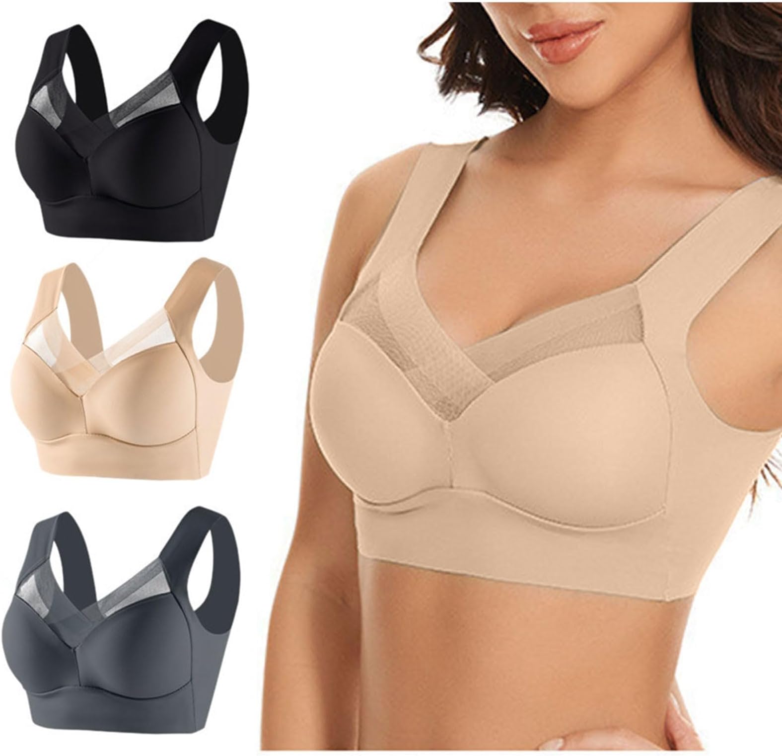 3PC Women's Comfort Wireless Bra, Full-Coverage Push Up Bralettes Underwear for Small to Plus Size Everyday Wear
