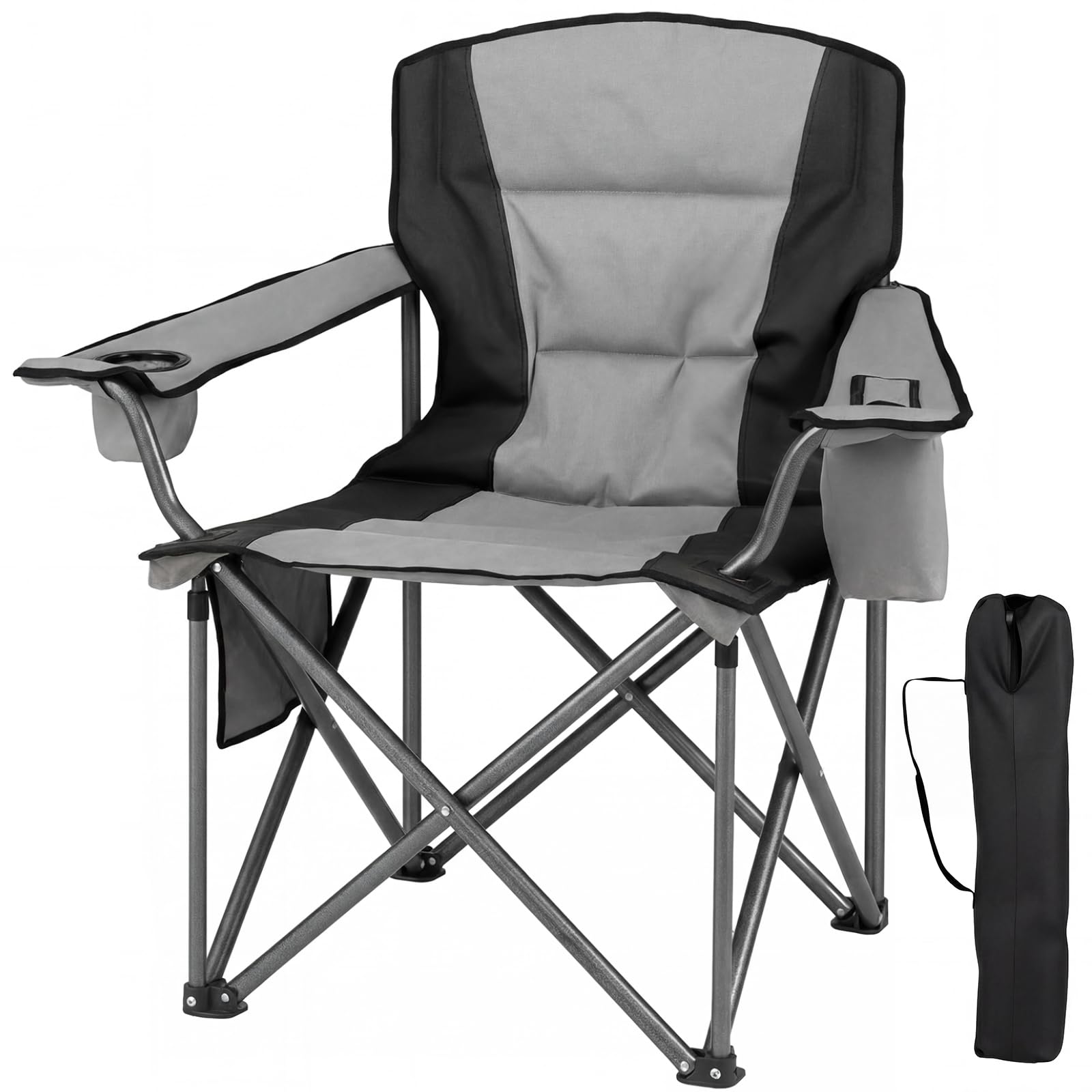 TANGZON Folding Camping Chair, 180kg Oversized Foldable Fishing Chair with Carry Bag, Zippered Cooler Pouch, Cup Holder & Storage Pocket, Outdoor Lightweight Padded Seat for Adults (Grey + Black)
