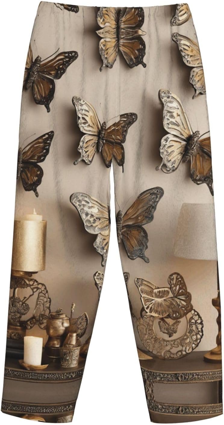 Butterfly Decor Print Fashion Cozy Womens Flannel Pajama Pants,Perfect For Christmas And Everyday Wear