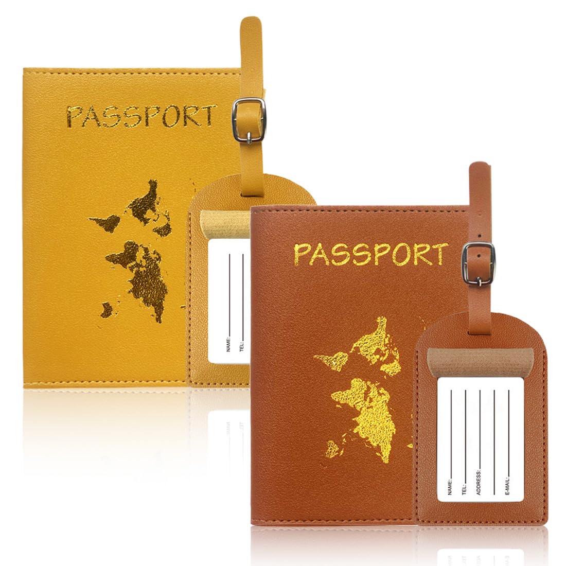 2 Pezzi Custodie Porta Passaporto E 2 Etichette Valigie, Da Viaggio In Pelle Pu, Per Bagagli, Supporto Per Carte D'Identità (Giallo, Marrone)