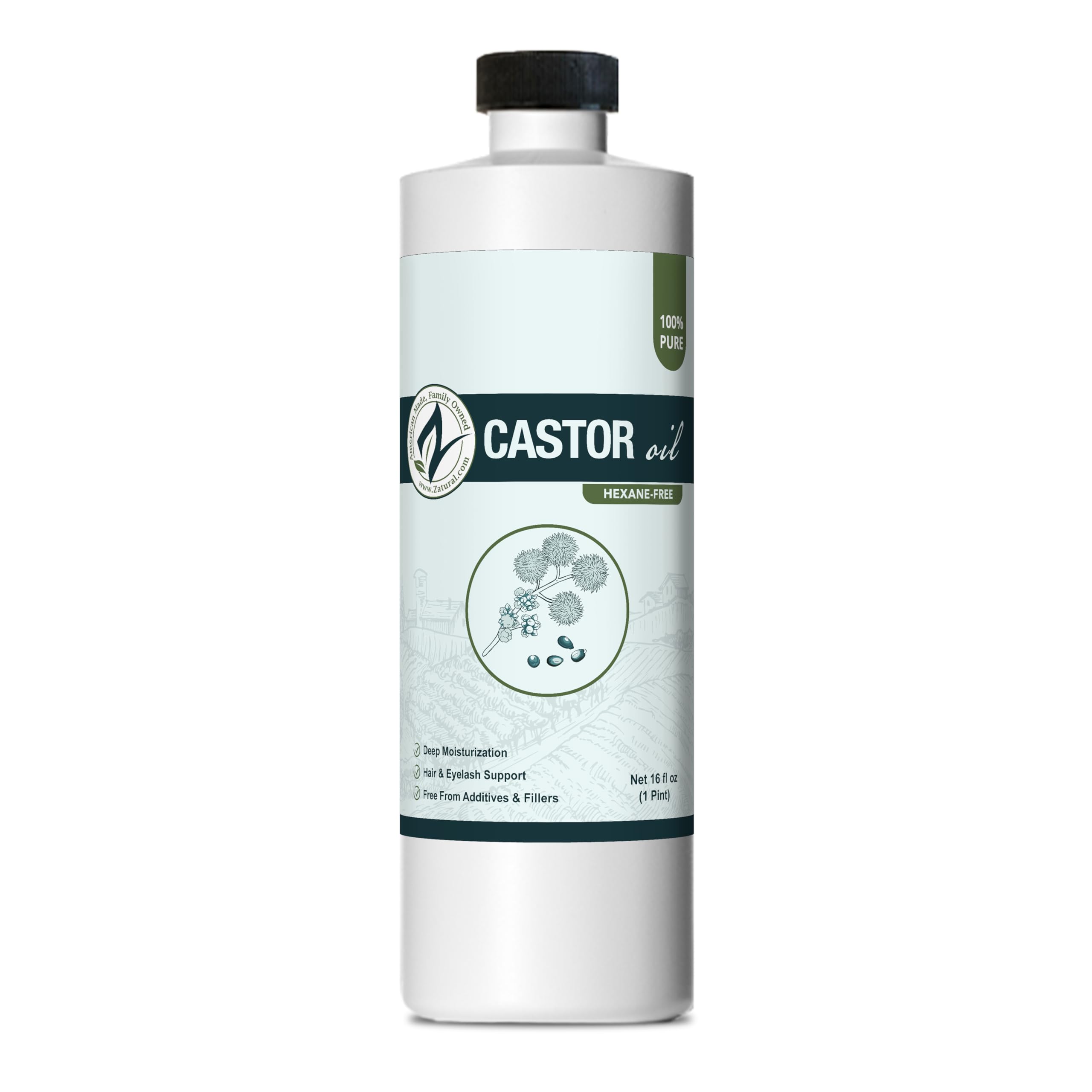 Zatural Castor Oil Naturally Grown 100% Pure Cold Pressed Castor Oil Hexane Free Hair Growth Eylash Serum and Eybrows or Body Wraps and Detox (16oz)
