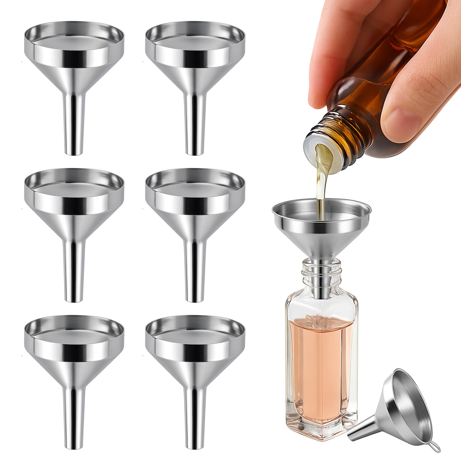 6pcs Small Funnel Stainless Steel Set – Metal Funnels for Filling Bottles – Precision Liquid Transfer Tools for Kitchen, Essential Oils, and DIY Projects