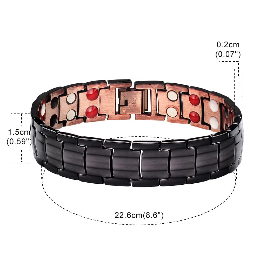 JFUME Bracelets en cuivre pur pour hommes Bracelets magnétiques 4in1 Elements avec outil pour enlever les liens 8.5" Ajustable