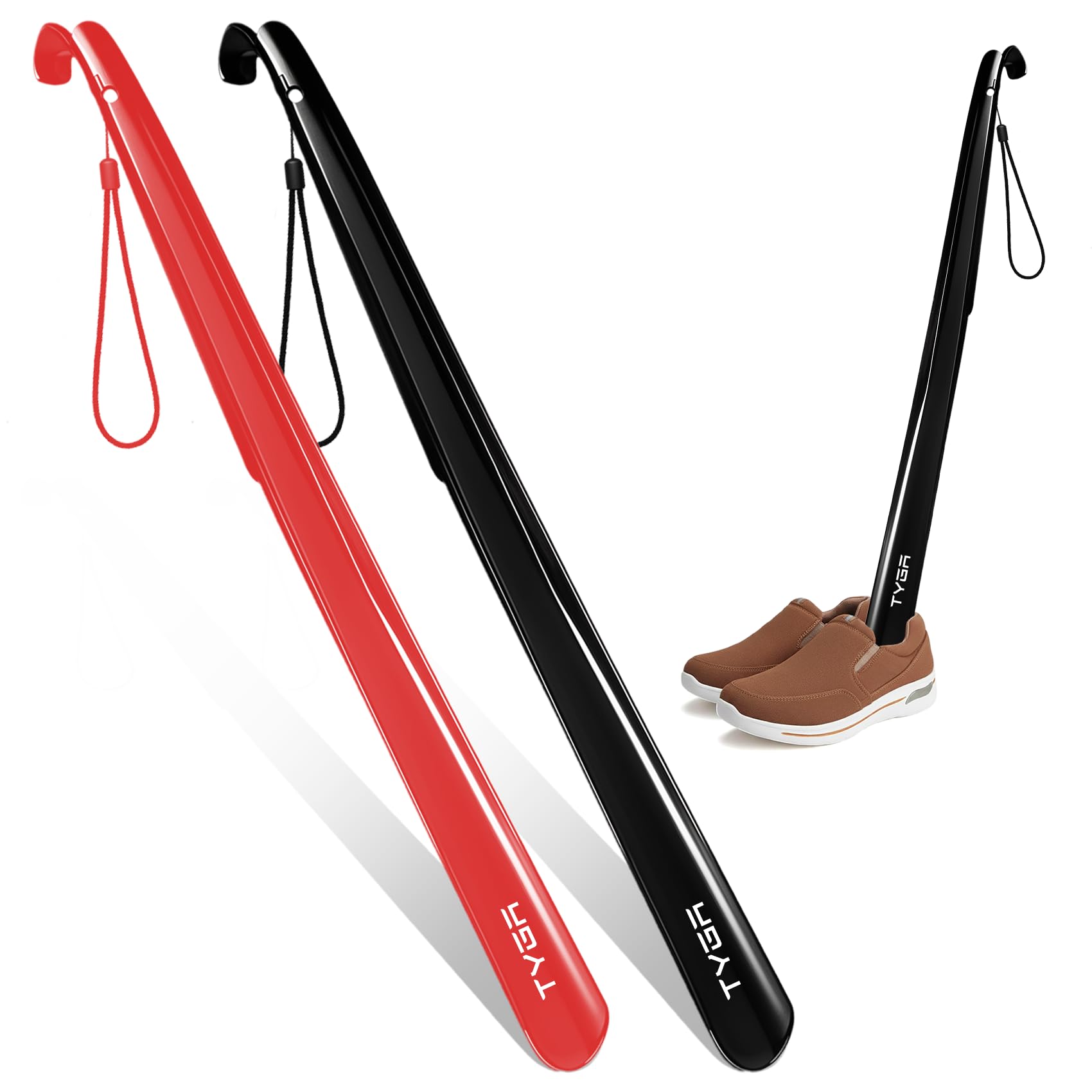 TYGA STORE Shoe Horn Extra Long Handled 23 inches, 58cm, Comfortable, Elongated Footwear Fitter (For Men & Women) (Black, 1, Red, 1)
