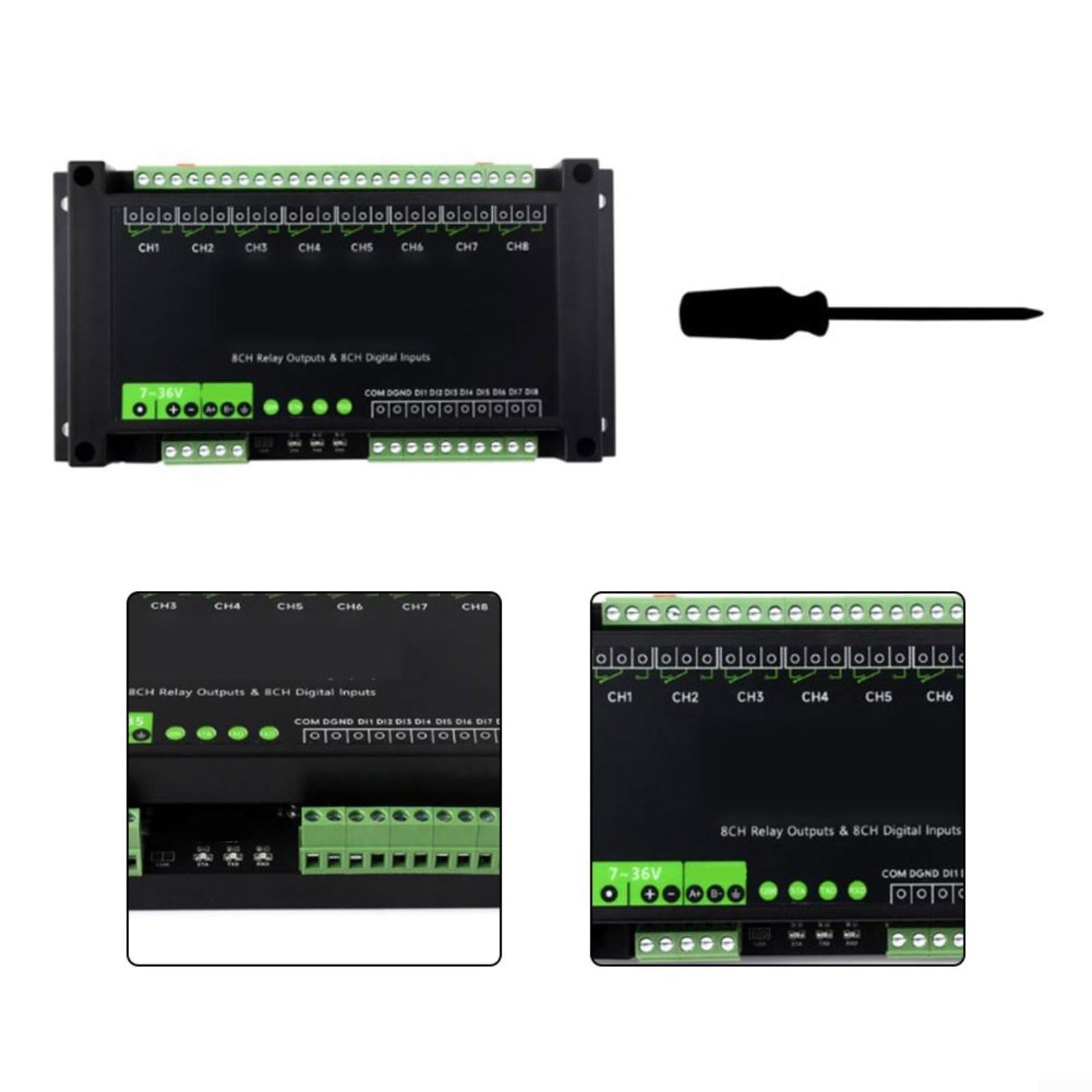 8 canali per relè per modbus per rtu RS485 7-36 V guida a coda | Alloggiamento in ABS, 7-36 V, optoaccoppiatore bidirezionale, algoritmo di decompressione, per industria e per Smart Home