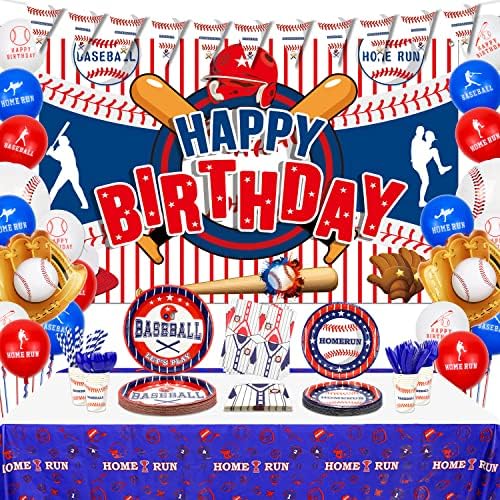 Baseball Party Supplies - Baseball Tableware Kit Including Plates, Cups, Napkins, Spoons, Knives, Forks, Tablecloth, Banner, Sports Party Pack for Kids, Baseball Fans Birthday Decor, Serves 20 (E)