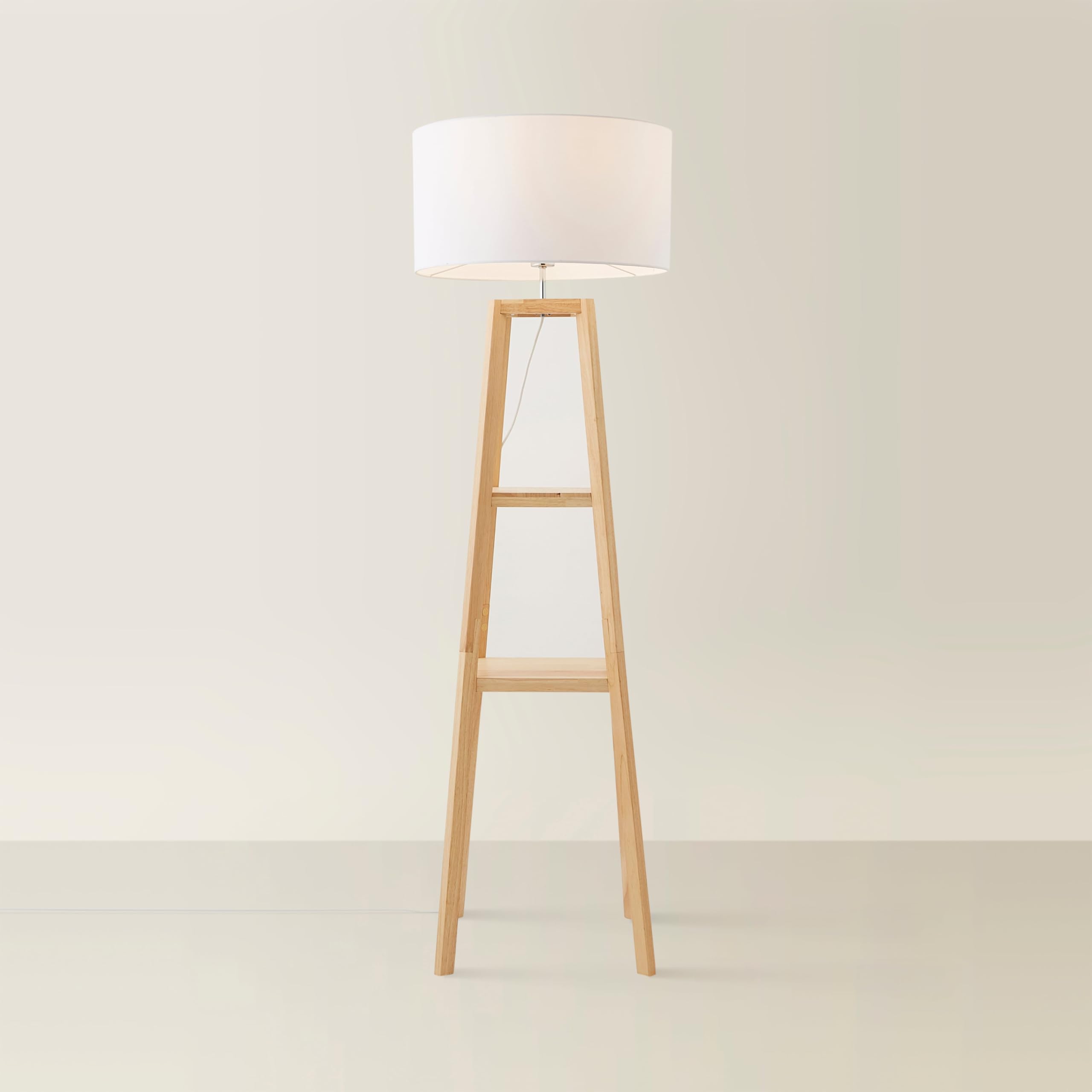 Valuelights Unisex White Wakefield Quad Base Two Shelf Wooden Floor Lamp W/ Fabric Shade In