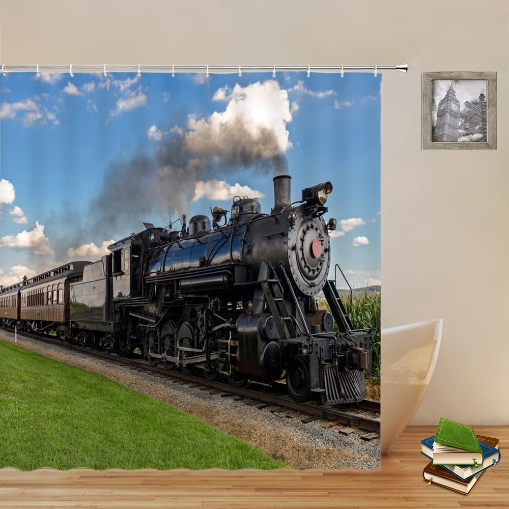 Retro pociąg zasłony prysznicowe tory pociągowe na zewnątrz naturalna sceneria niebieskie niebo łazienka poliestrowa tkanina wisząca zasłona (szer. x wys.) 200 cm