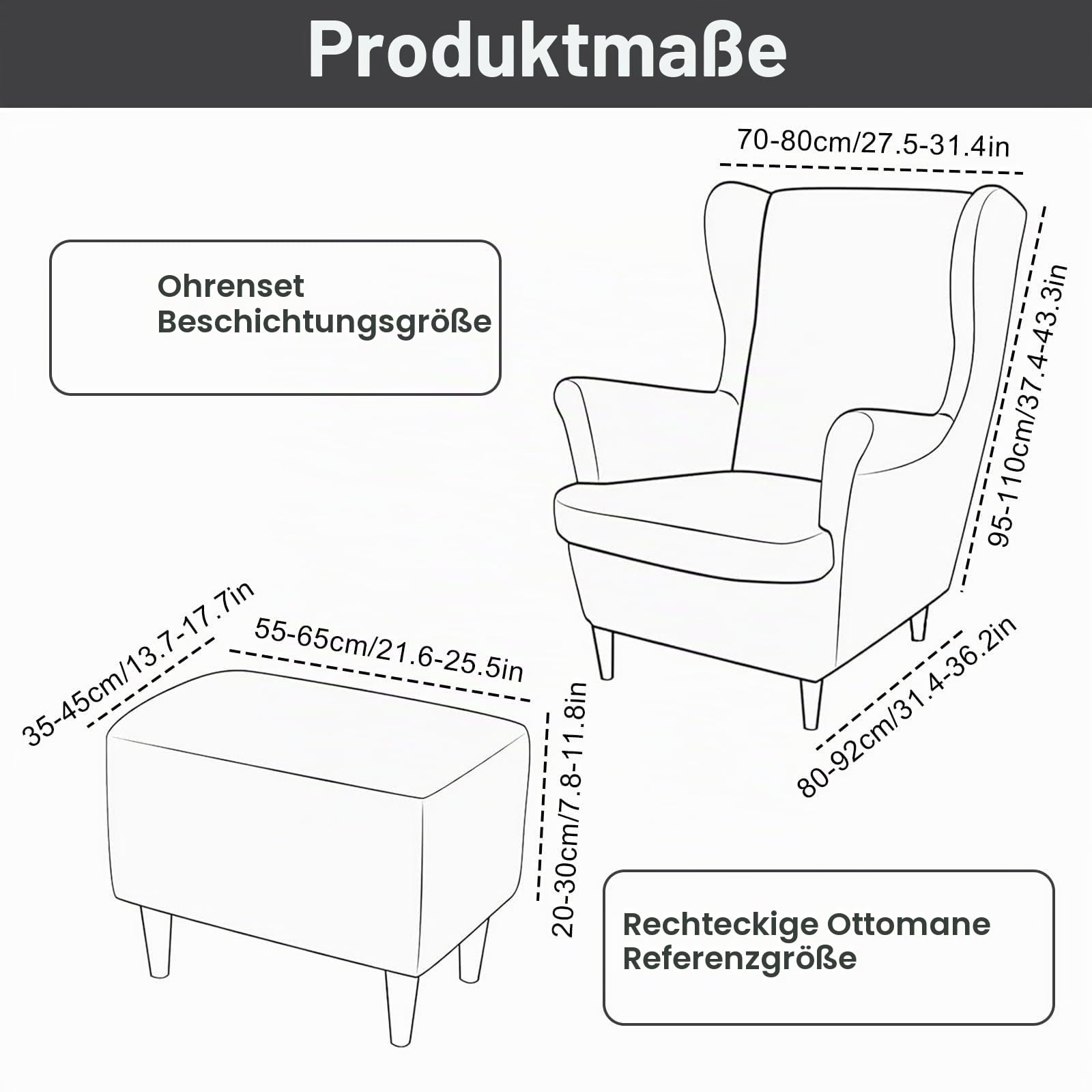 3-Teilig Samt Ohrensessel Überwurf mit Fußhockerbezug (ohne Stuhl), Stretch Samt Sesselhusse, Elastischer Schonbezug Stuhlbezug Hohe Rückenlehne für Sessel, Waschbar (Apricot Orange)