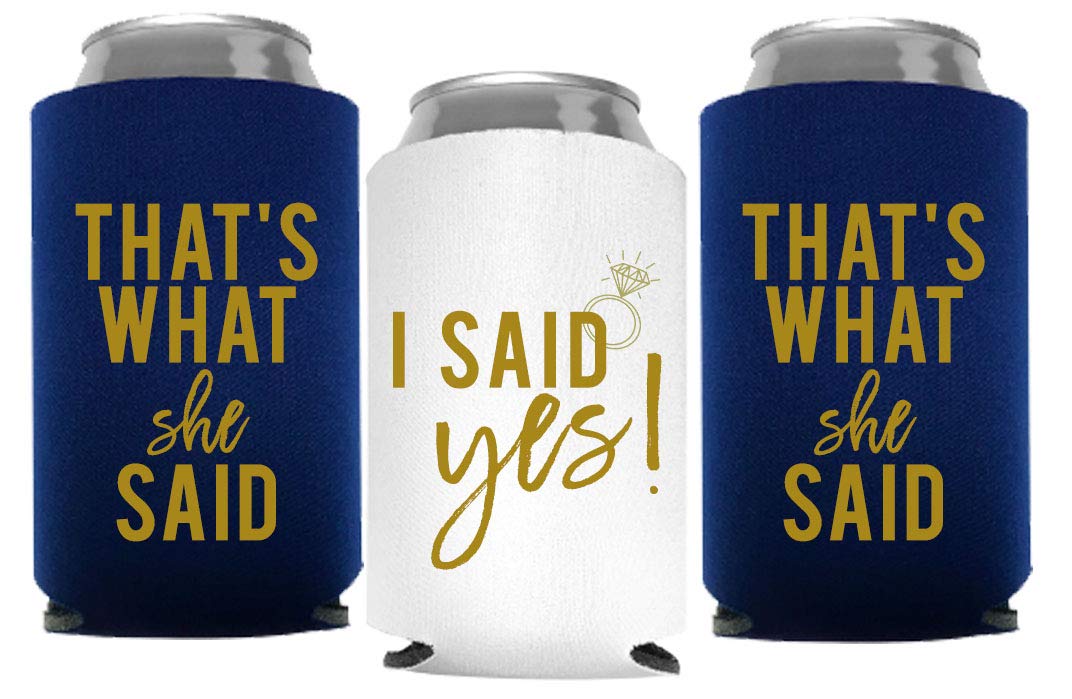 I Said Yes and That's What She Said Bachelorette Party Can Coolers, Set of 12 Beer Can Coolies, Perfect Bachelorette Party Decorations and Bridesmaid Gifts (Navy Blue)