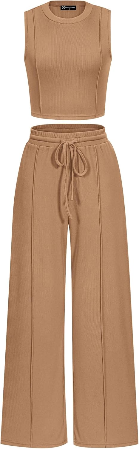 PRETTYGARDEN Women's Summer 2 Piece Loungewear Set Cropped Tank Top Wide Leg Sweatpants Tracksuit Casual Outfits