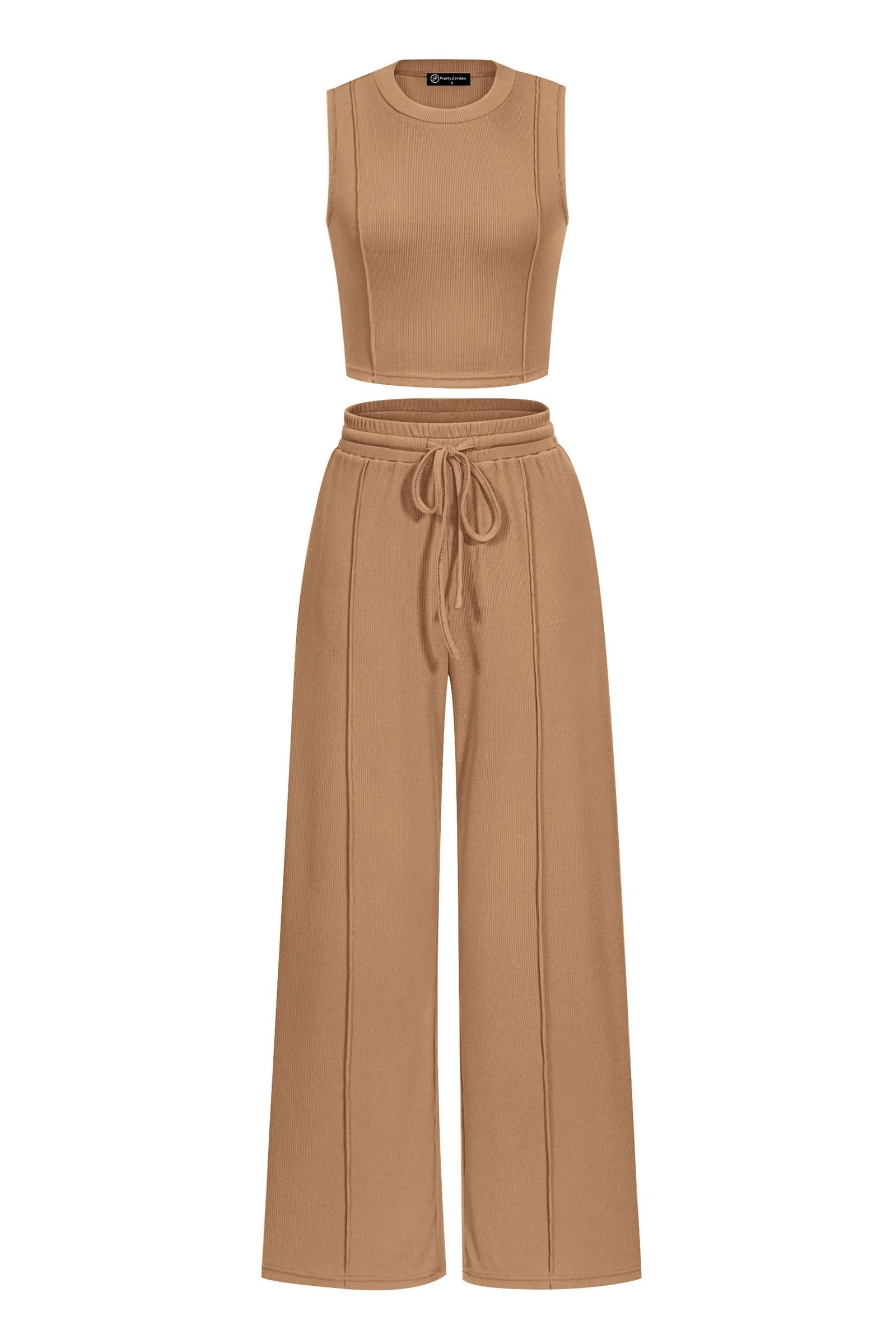 PRETTYGARDEN Women's Summer 2 Piece Loungewear Set Cropped Tank Top Wide Leg Sweatpants Tracksuit Casual Outfits