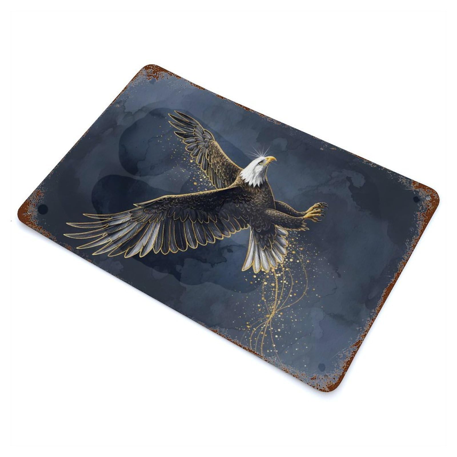 Rusty Metal Tin Sign Majestic Eagle in Flight with Golden Accents 11.8"x7.9", Industrial Home Decor for Patio, Garden Room And Bar Decor