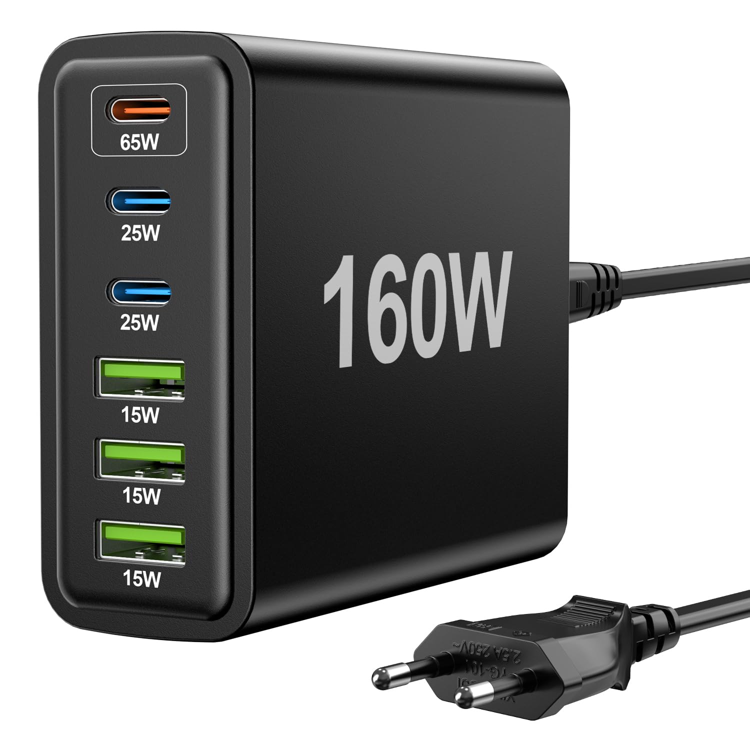 FNITAER 160W USB ladegerät mehrfach, 6 Ports netzteil C, USB C ladegerät, Schnellladegerät 65W, Mehrfachsteckdose mit -C und -A, Adapter für Laptop, Smartphones, ipad und Kopfhörer,Schwarz