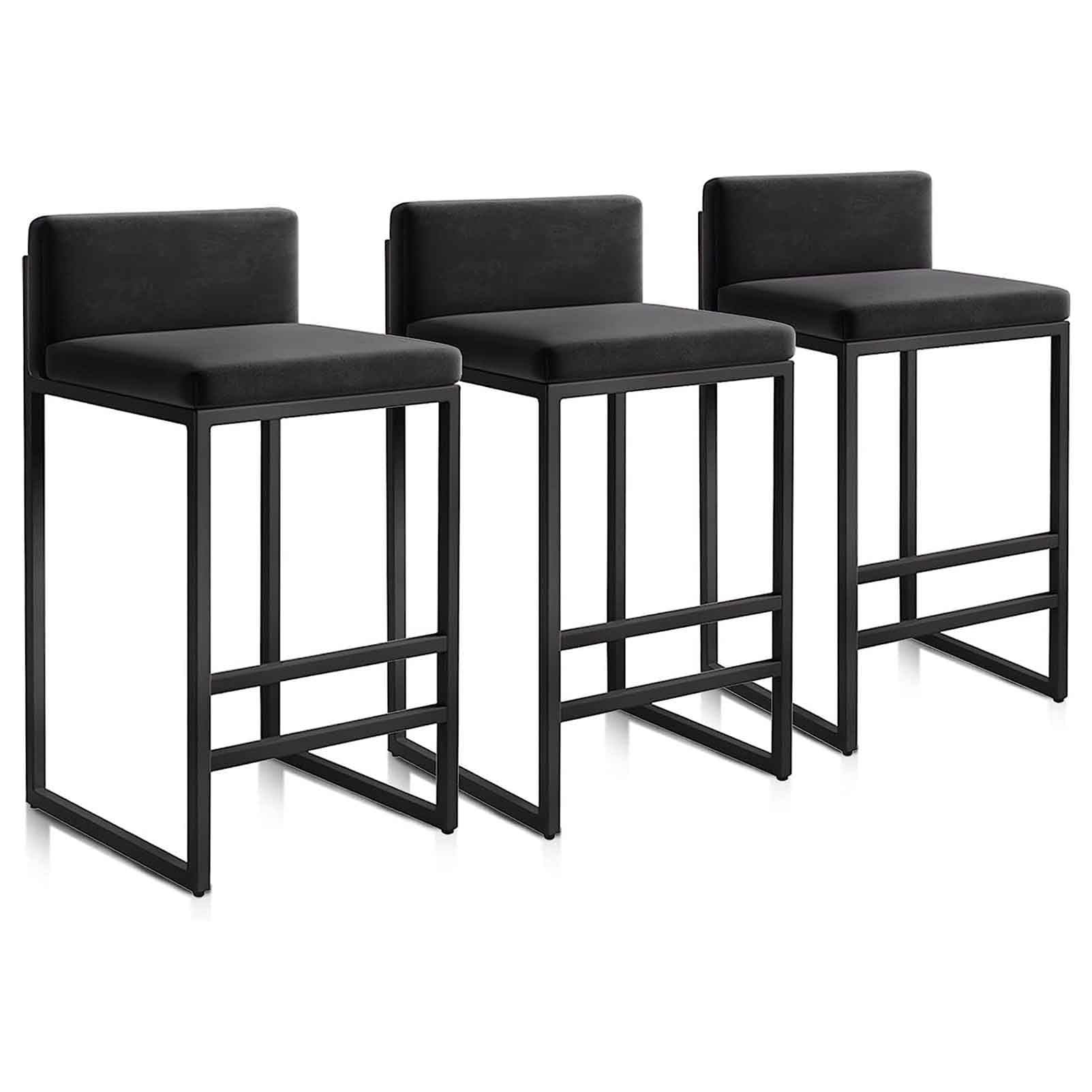 Velvet Bar Stools Set of 3 Modern Kitchen Counter Barstools with Backrest and Black Metal Frame 150kg/300lbs Weight Capacity 75cm (29.5'') Height Black Color