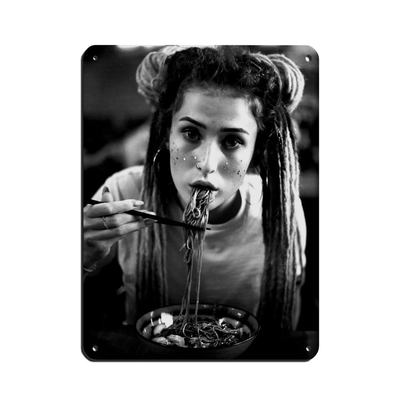 Woman Eating Pasta Poster Tin Sign Vintage Metal Pub Club Cafe Bar Home Wall Art Decoration Poster Retro 12x16inch(30x40cm)