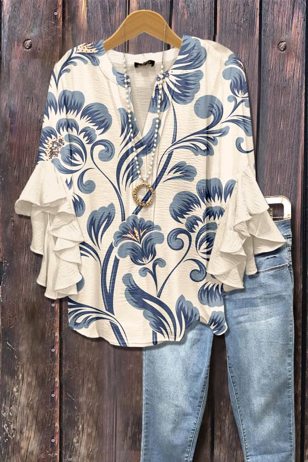 DEPENSL Womens Blouses Dressy Casual Boho Floral Printed 3/4 Ruffle Tops Trendy 2026