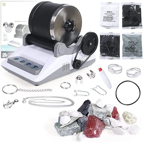 abbcoert Professional Rock Tumbler Kit, Includes 2 Belts,Bag of Rough Stones,4 Coarse Grinding, Finely Ground,Final Polishing Grits, with Button 7 Day Polishing Timer, Rock Polisher Cover