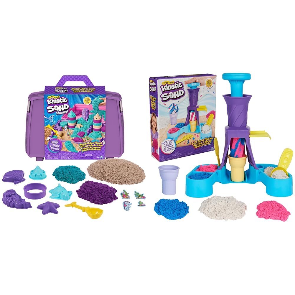 Kinetic Sand Meerjungfrauen Koffer - mit 1 kg original kinetischem Sand aus Schweden in 3 Farben & Softeis Station - mit 396 g original magischem Sand in DREI Farben und umfangreichem Zubehör