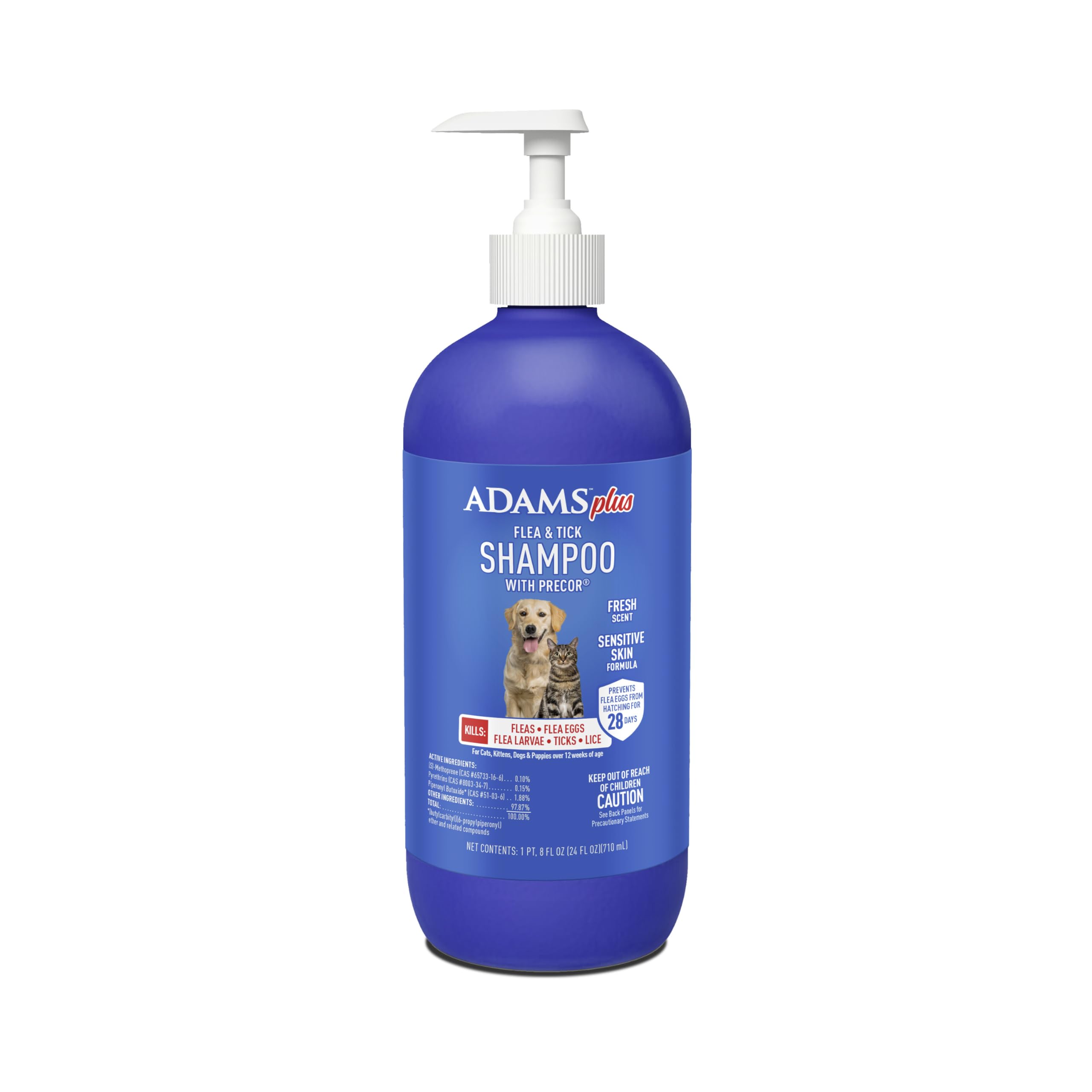 ADAMS Plus Flea & Tick Shampoo with Precor IGR for Cats, Kittens, Dogs & Puppies Over 12 Weeks Of Age, Sensitive Skin Flea Treatment, Kills Adult Fleas, Flea Eggs, Ticks, and Lice, 24 Ounces