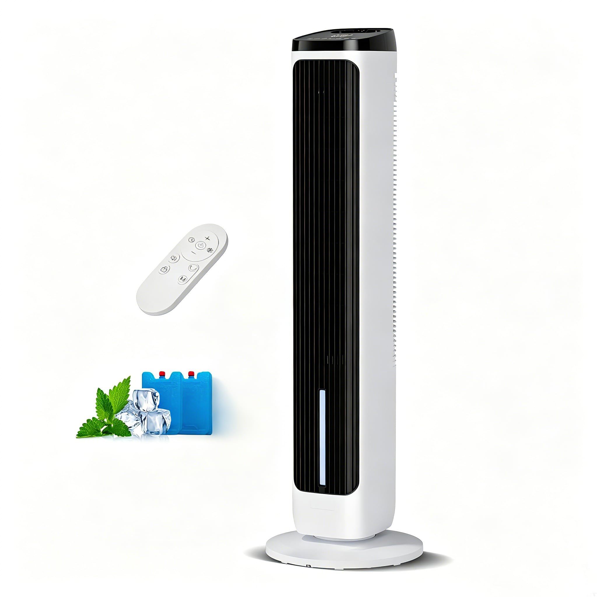 PNTCK Turmventilator mit Wasserkühlung Eispacks, 12H Timer, 4 Modi, 3 Geschwindigkeiten, 80° Oszillation, Tragbarer Luftkühler mit Fernbedienung, Verdunstungskühler für Schlafzimmer, Wohnzimmer