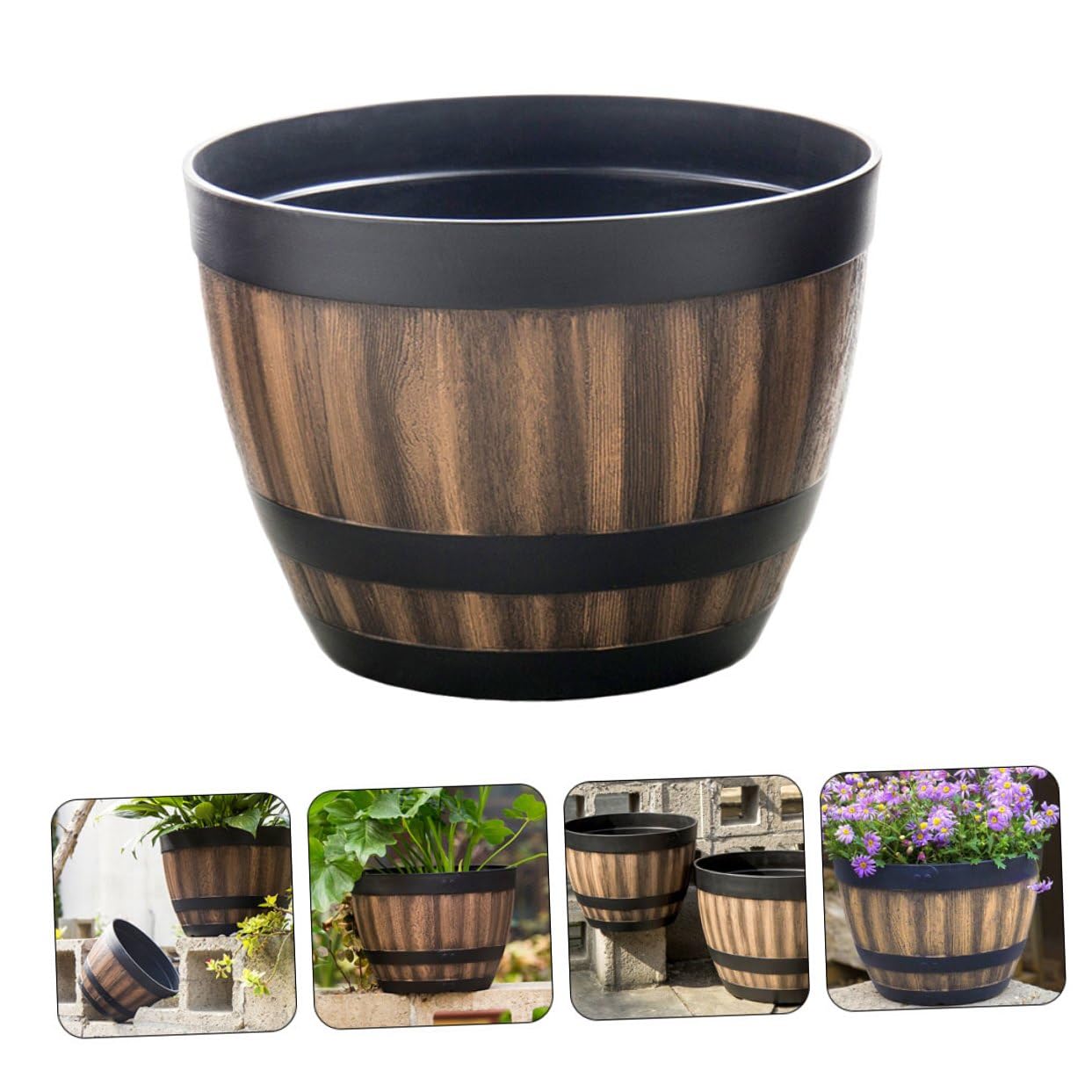 Drewniana donica z tworzywa sztucznego, okrągła doniczka hydroponiczna, 30 cm, bez otworów odpływowych, idealna na balkon, patio, do biura, ogrodnictwa, do użytku wewnątrz i na zewnątrz