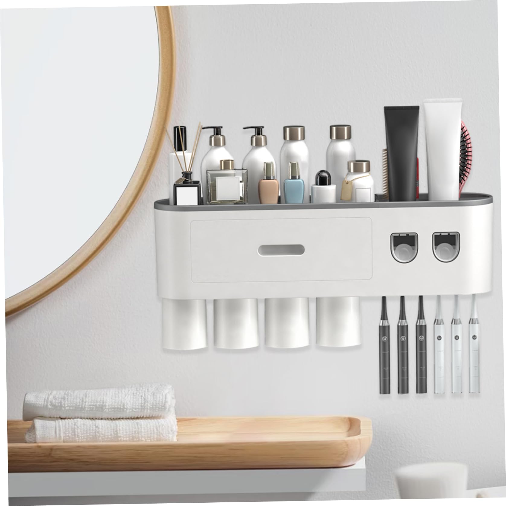 Soporte de pared para cepillo de dientes, dispensador automático de pasta de dientes con 4 tazas magnéticas, 6 ranuras para cepillo, bandeja de almacenamiento y cajón para baño