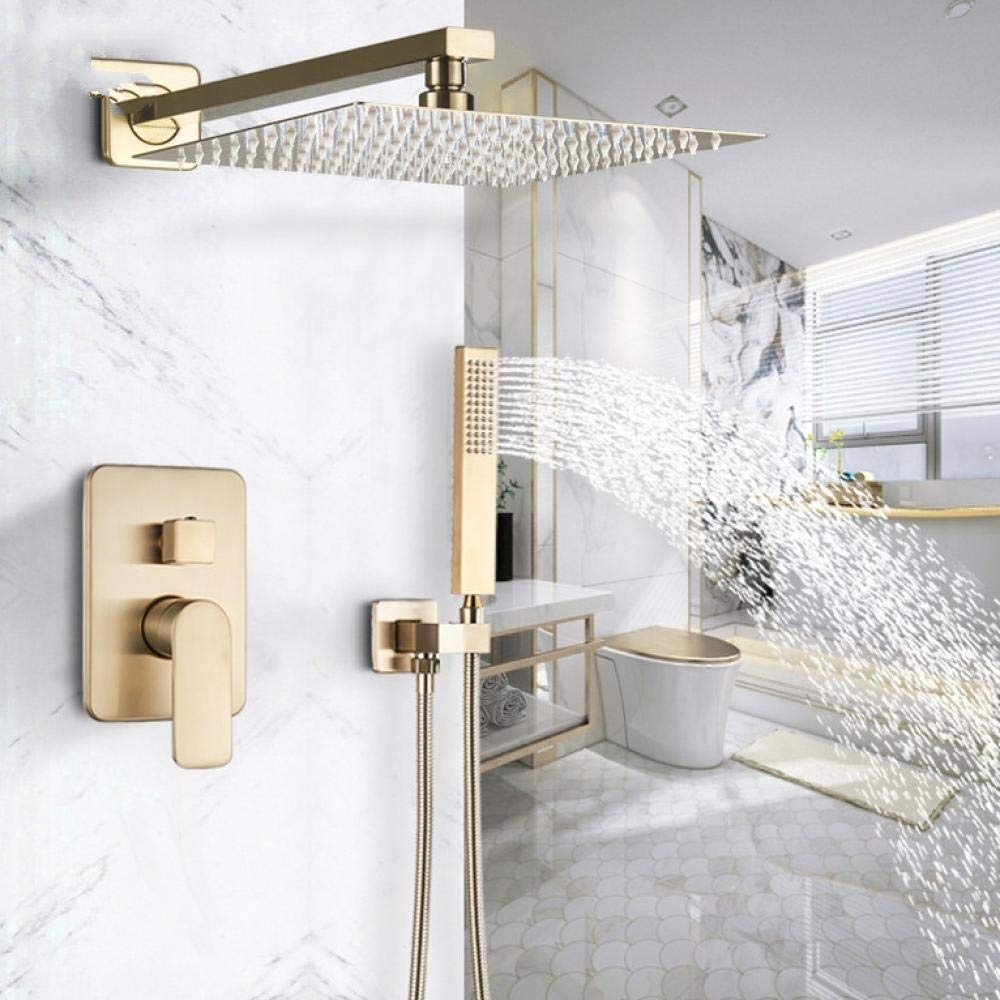 SBCGFY Brushed Golden Shower Faucet Wall Mounted 8" Rainfall Bath Shower Faucet Set With Handshower Single Handle Rain Shower Mixer Tap