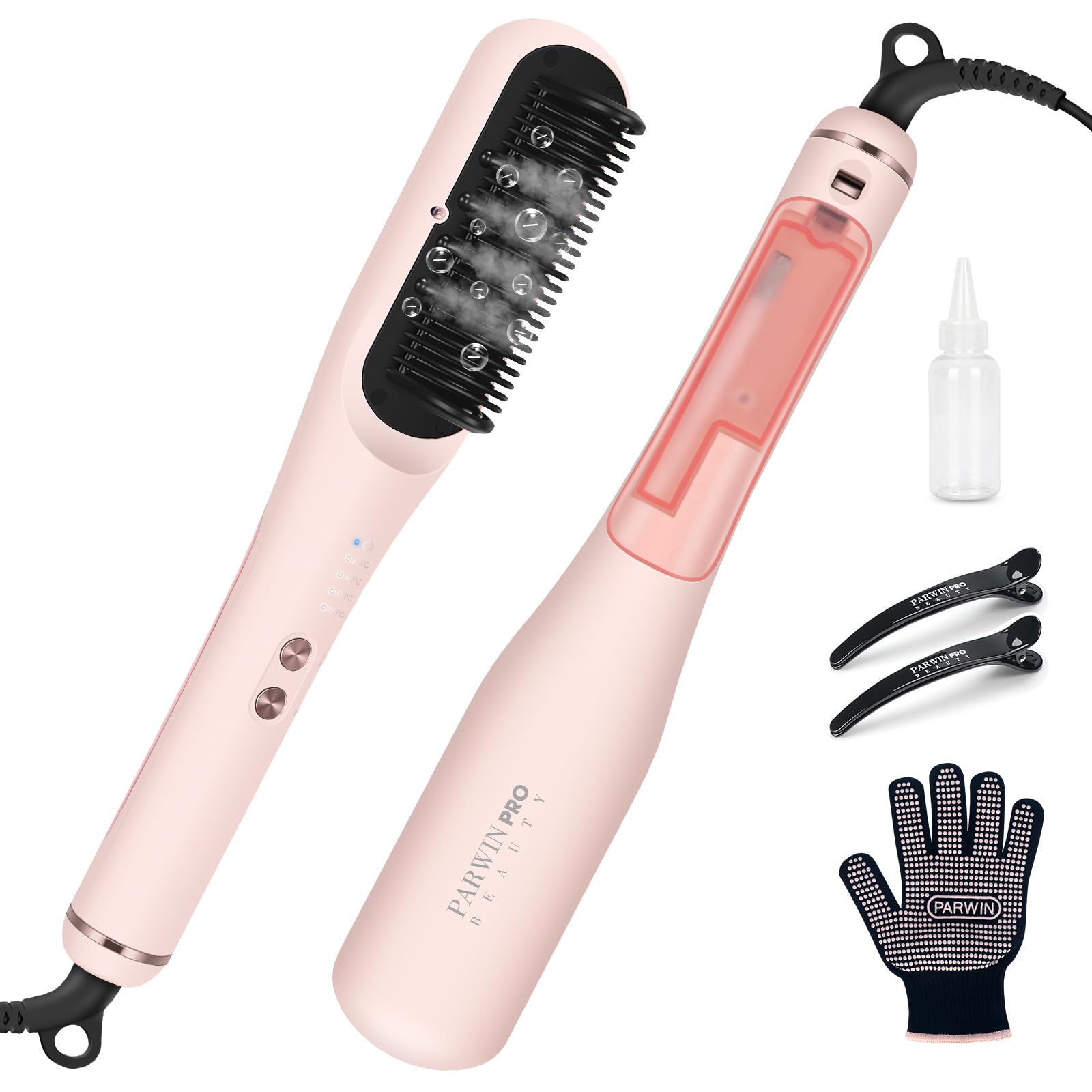 Pro Dampf Glättbürste, PARWIN PRO BEAUTY 3-in-1 Dampf Haarglätter Bürste, LED-Anzeigeleuchte, Ionentechnologie & Dampf für doppelte Pflege, reduziert Schäden, 4 Temperatureinstellungen - Rosa