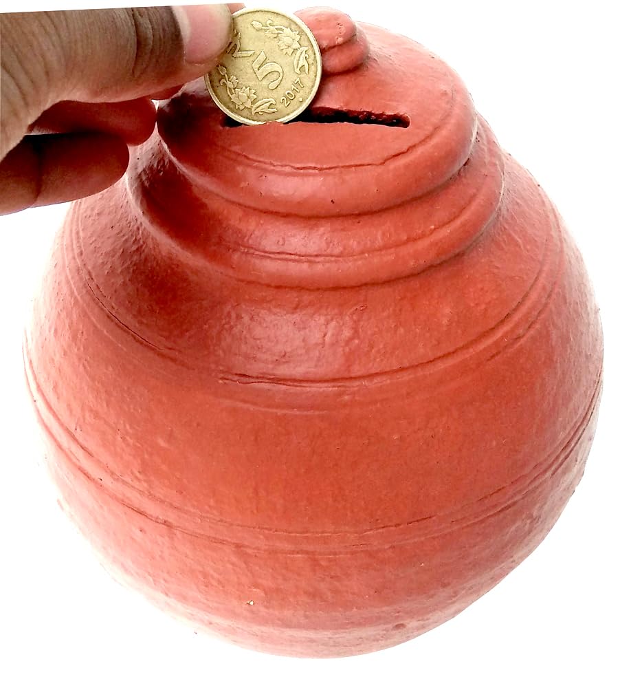 VILLAGE KRAFT Terracotta/Earthen/Mitti Eco-Friendly Designer Money Bank Organiser/Undiyal/Gullak/Coin Bank/Rural Artists Work Coin Holder/Nursery Décor/Keepsake/Savings/Mitti Gullak,Brick Red,Large 2