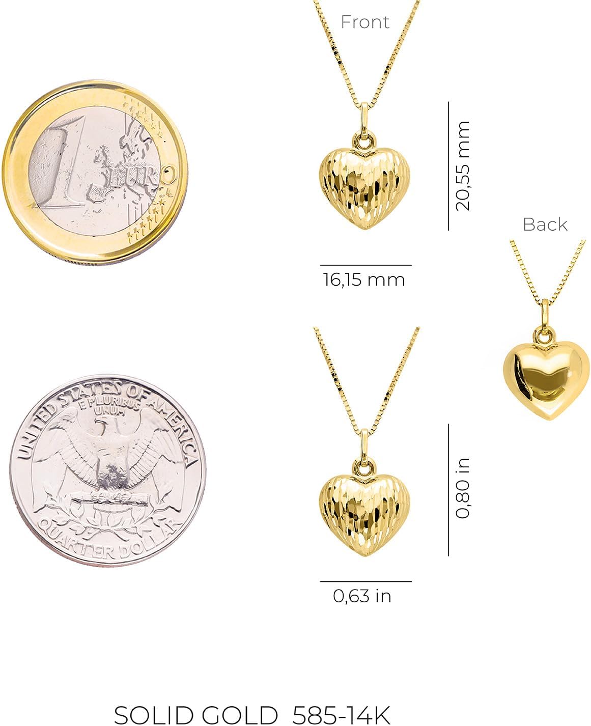 forme di Lucchetta - Italian Necklace for Women - Real Gold Jewelry Gift for Her from Italy - 14k Heart Puff Floating Pendant with Adjustable Chain 16+2in