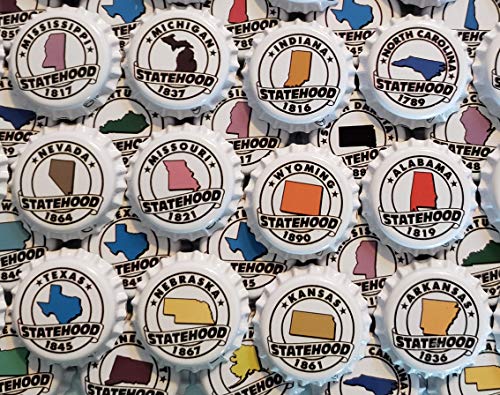 Set of 50 US States Beer Bottle Caps, White, 1.25'' (31.75mm)