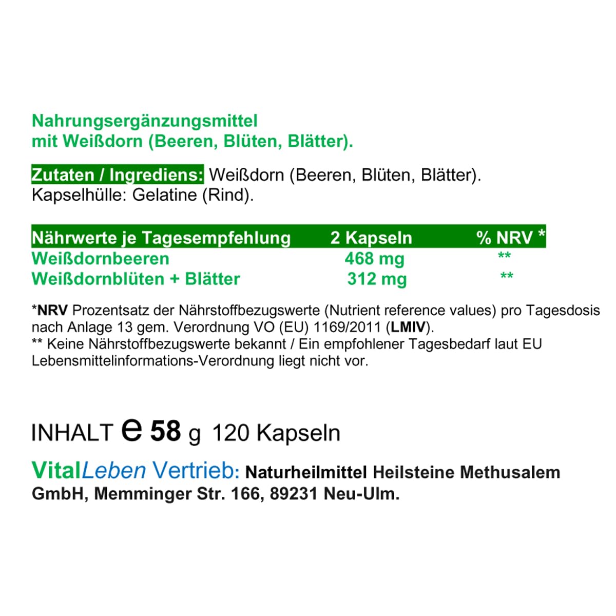 WEISSDORN Weißdorn HERZ-KREISLAUF 240 Kapseln 2x120 "HERZKRAUT" NATUR pur Weißdornbeeren & Weißdornblätter & Weißdornblüten. OHNE ZUSATZSTOFFE. 27100-2
