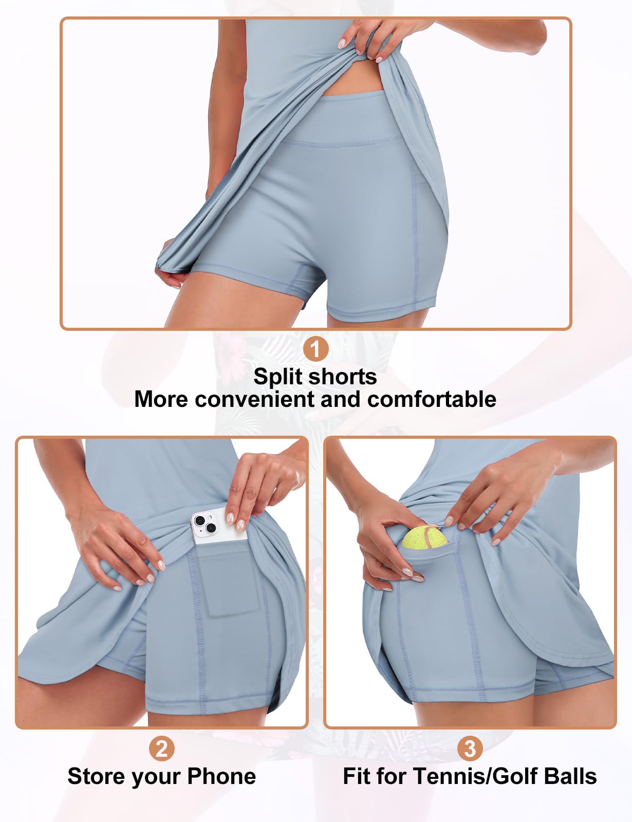 Viracy Vestido de Tenis para Mujer, sin Mangas, con Pantalones Cortos y Bolsillos, Volantes, Cremallera, Cuello Alto, Trajes de Golf, Azul neblina Liso, M