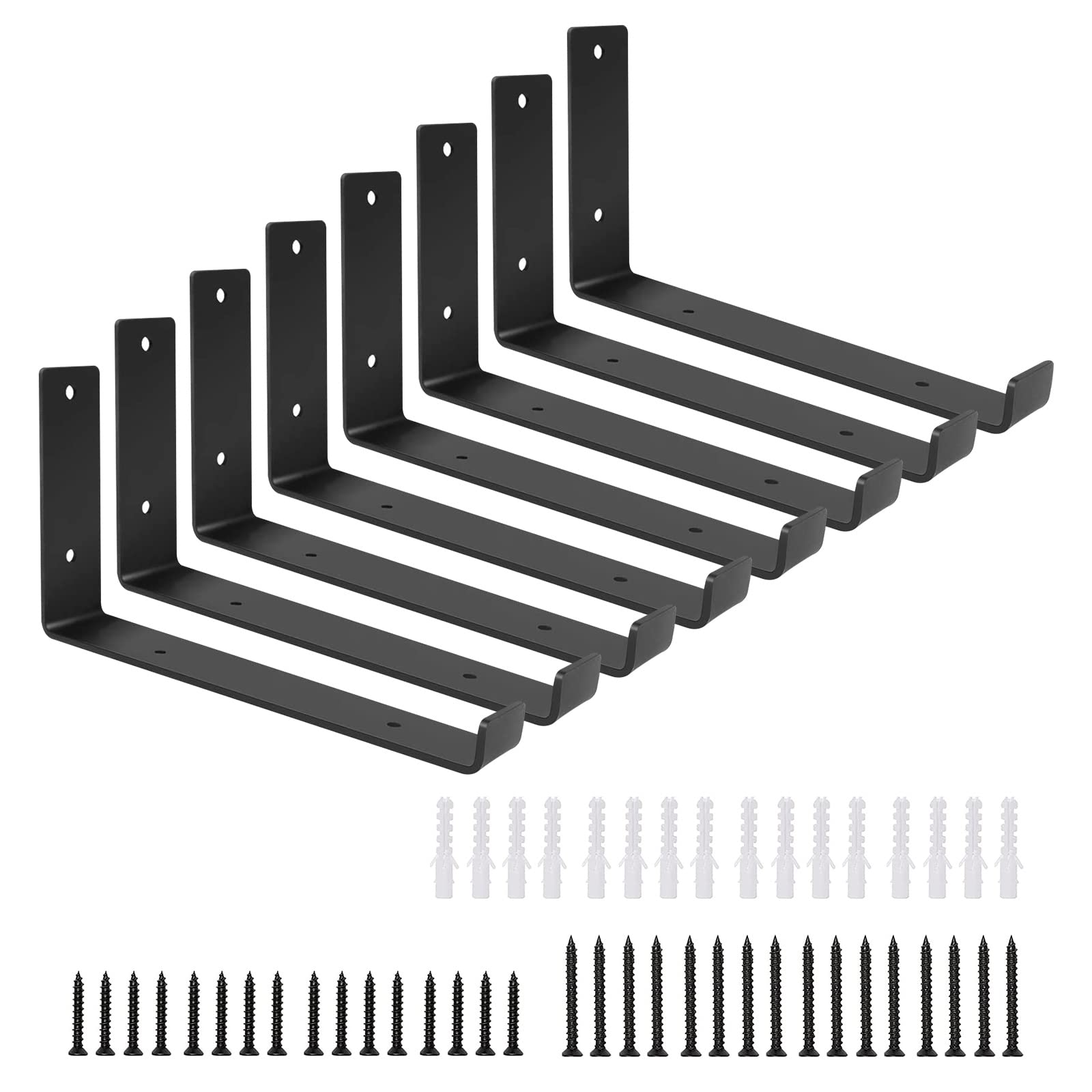 8 x Heavy Duty Shelf Brackets, Black Rustic Shelf Brackets for Wooden Wall Shelves Vintage Metal Shelf Bracket with Lip for Scaffold Board Shelving, 225mm x 140mm