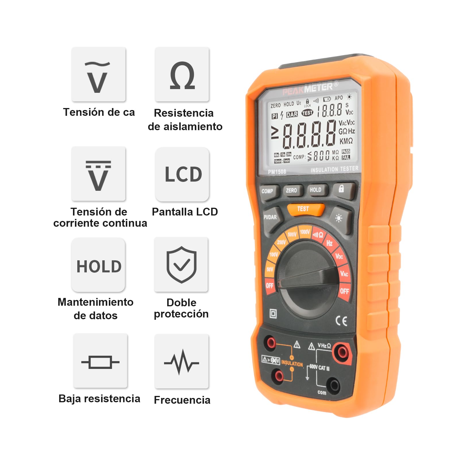 Comprobador de Resistencia de Aislamiento 100 GΩ 50V/100V/250V/500V/1000V | Megóhmetro Profesional con medición de PI/DAR, comprobación de frecuencia y prueba de baja tensión