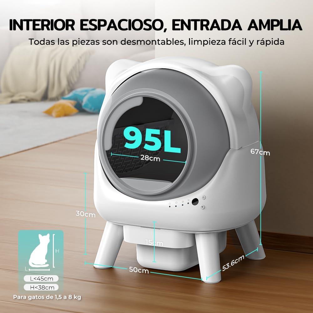 Redkey X1 Arenero Gatos Autolimpiable, 95L Arenero Eléctrico Automático para Gatos, Eliminación de Olores, Control App, Compatible con Todo Tipo de Arena, para Hogares con Múltiples Gatos (Blanco)