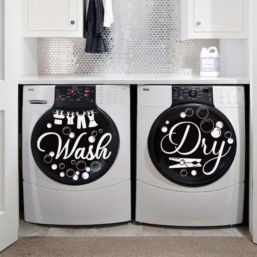 Stickers Muraux Blanchisserie – Citations 'Laver' & 'Sécher' Avec Couronne Élégante – Déco Vinyle Noir Chic Pour Lave-Linge Et Sèche-Linge