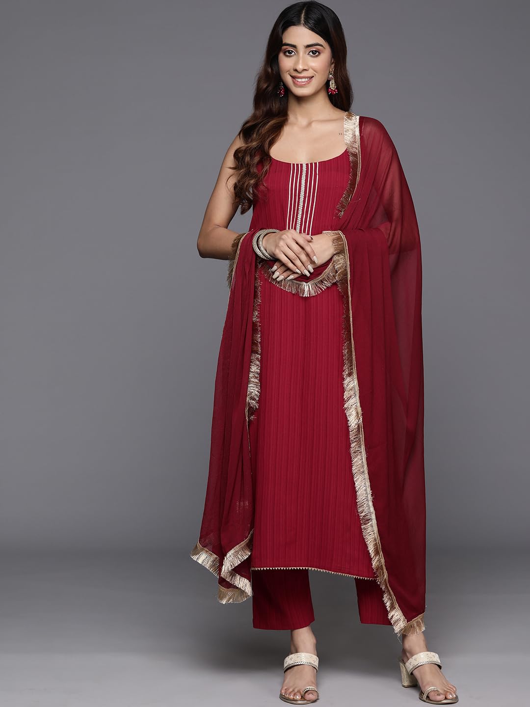 Varanga Women Maroon Round Neck, Spaghetti Strap Style Straight Kurta Paired With Tonal Bottom And Dupatta  Stylish & Comfortable Ethnic Wear For Women, Perfect For Casual & Festive Occasions