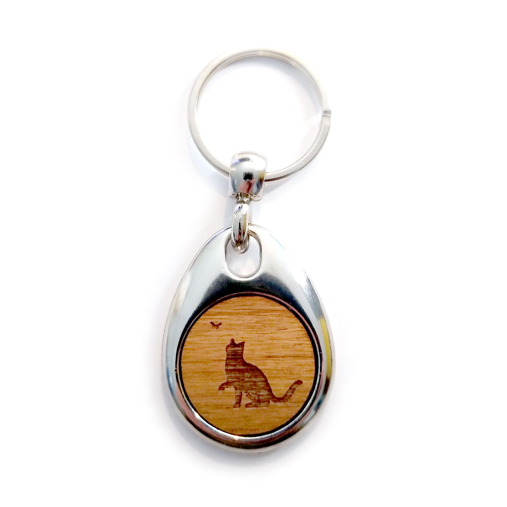 Jorvik Wood Unisex Brown Cat Design Wooden Keyring, Cat With Butterfly Keychain With Gift Box
