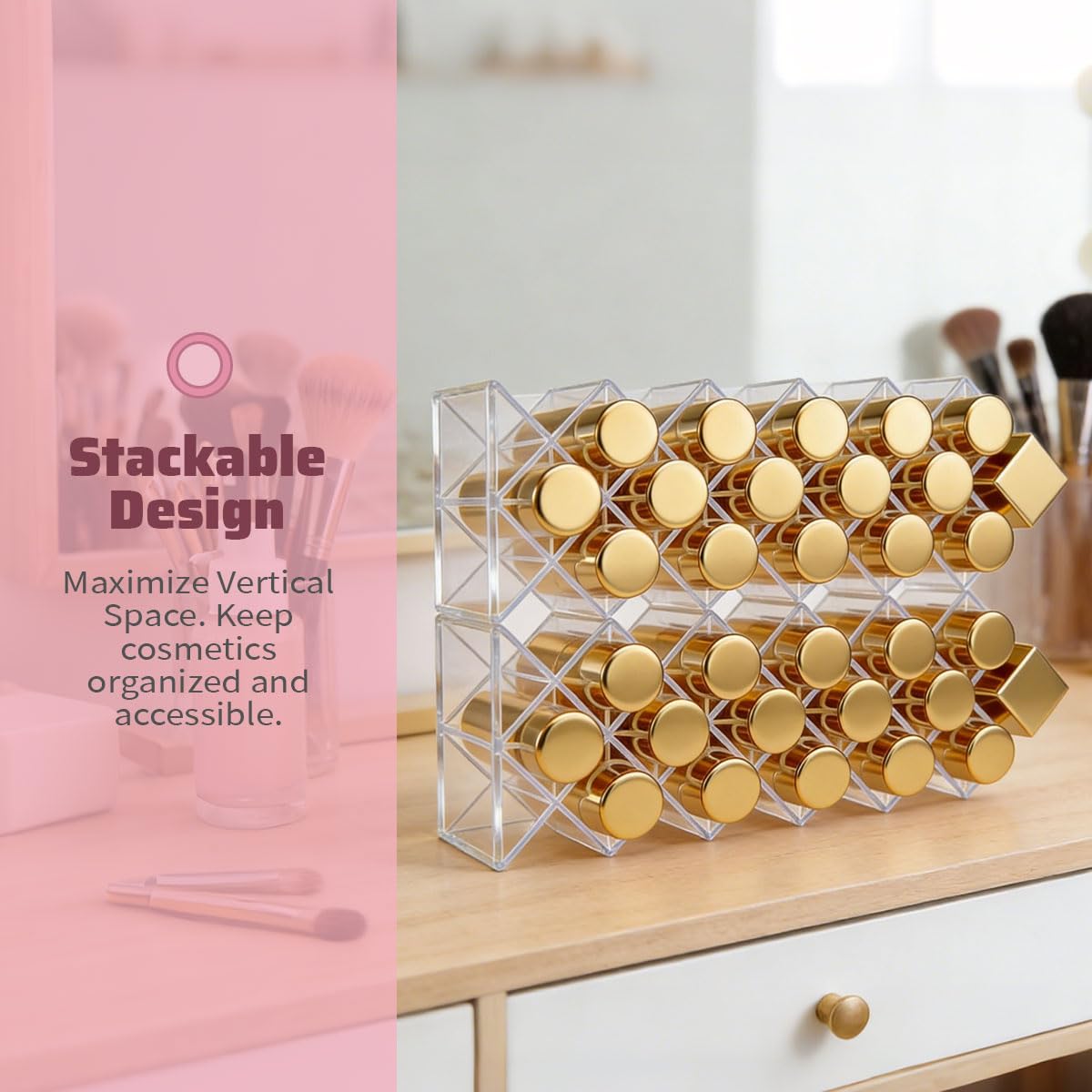 2 Piezas Organizador de Pintalabios,Transparente Soporte para Ranura para Brillo Labios de 32 Compartimentos,Soporte de Lápiz Labial Caja Almacenamiento de Cosméticos para Baño, Tocador