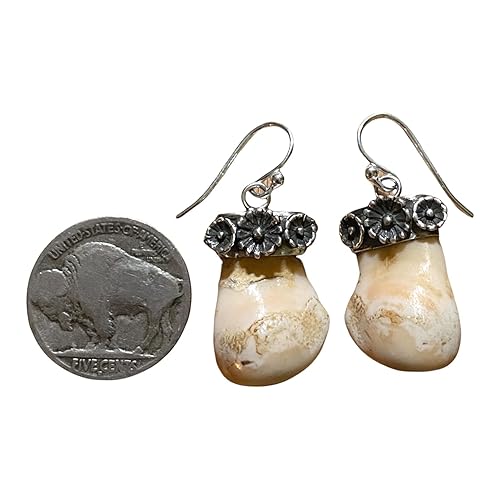 Miniatura 3 de Sterling Silver Large Bull Elk Tooth Southwest Blossom Flower Dangle Drop Earrings. Elk Teeth. Made in the heart of New Mexico.