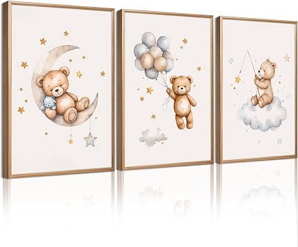 Teddy Bear Nursery Wall Art Decor Baby Boy Girl Room Poster Vintage Nursery Canvas Wall Decor Toddler Kids Room Pictures Cute Bear Neutral Artwork for Bedroom Playroom 12x16 Unframed Set of 3