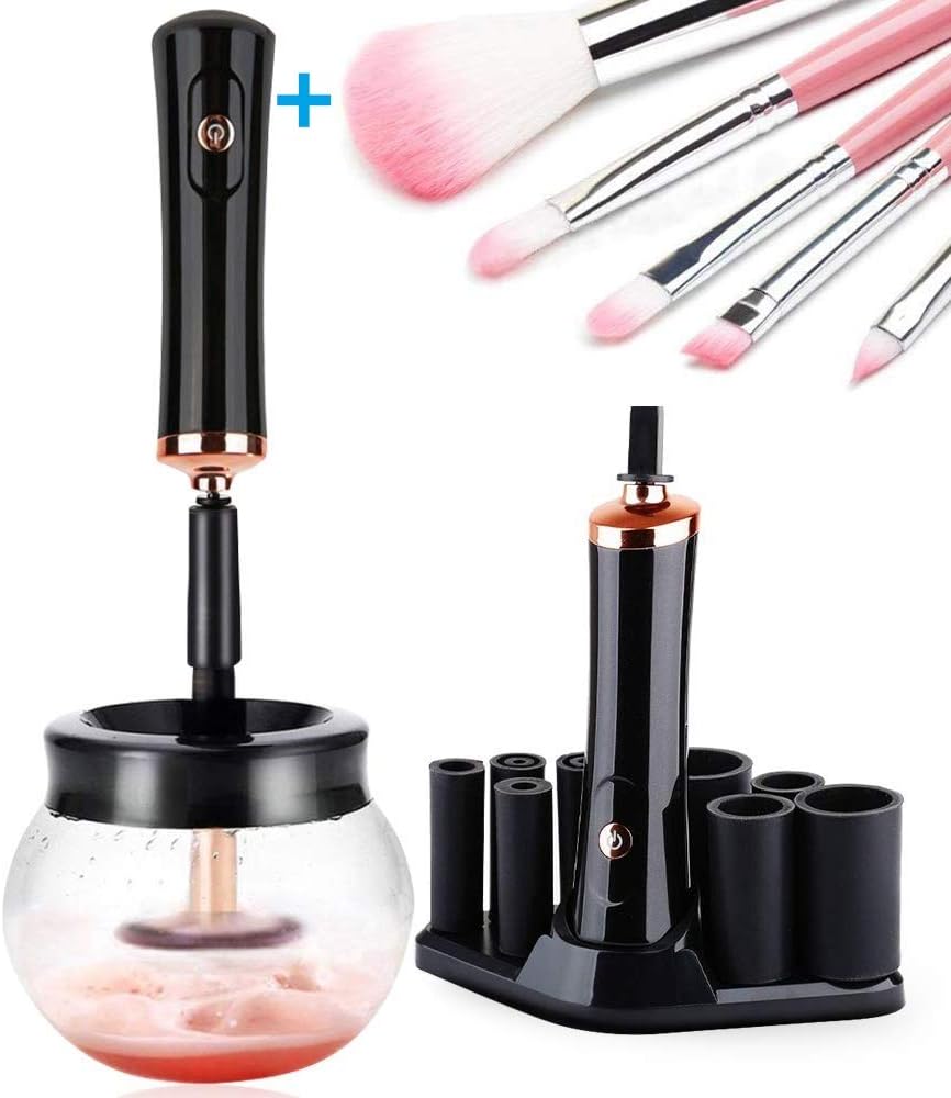 Automatic Makeup Brush Cleaner Dryer - Fast Electric Spinner Cleaner Dryer Machine for all brushes,Wash and Dry in Seconds (8 Size Rubber Collars +5 Brush+1 Brush cleaner+ 1 Bowl +1 Stand)