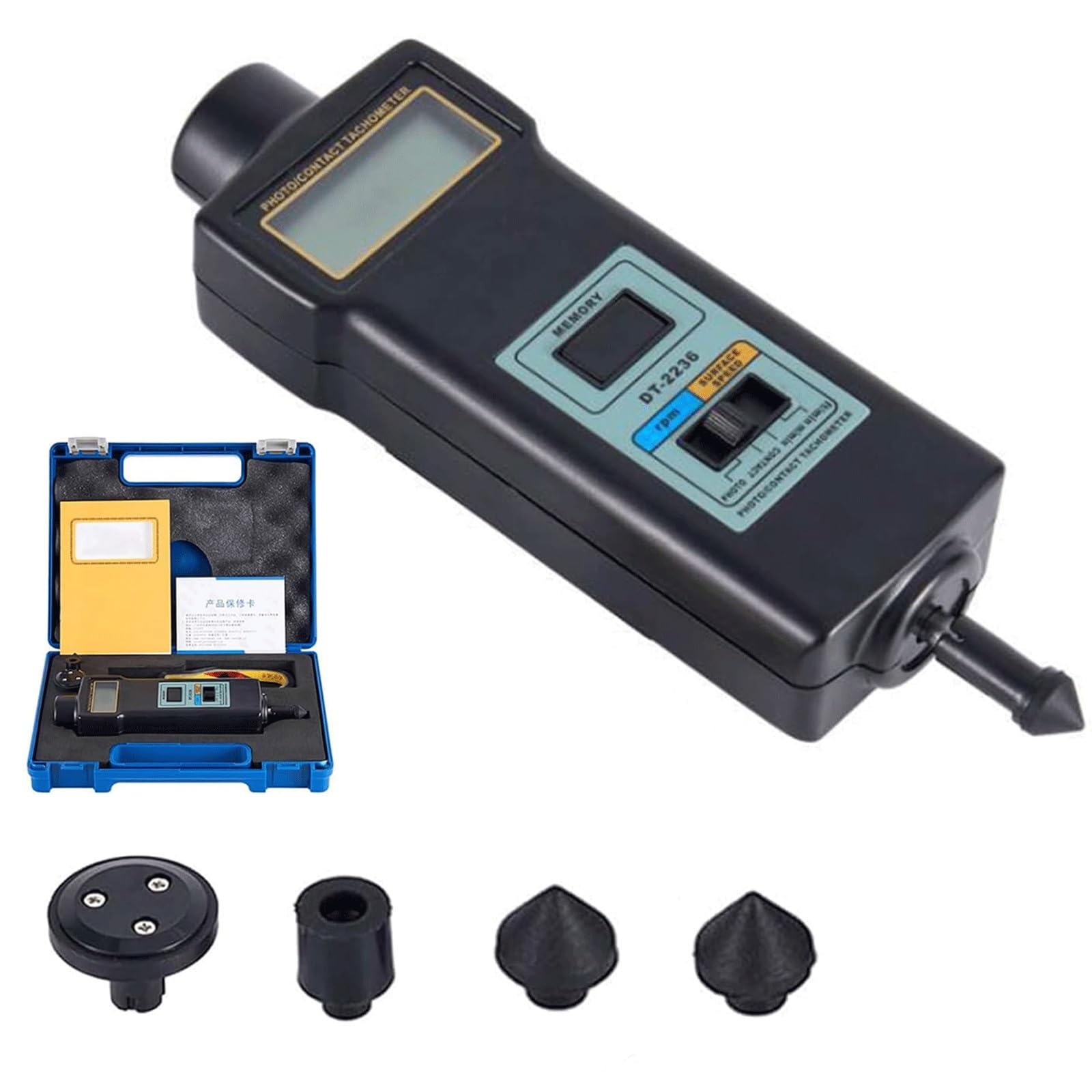 Tacómetro Digital de Mano con 4 sondas, probador de RPM de Contacto y fotografía con Pantalla LCD (2,5-99,999 RPM), medición de Velocidad Lineal (m/min, pies/min), for Motores, Ventiladores