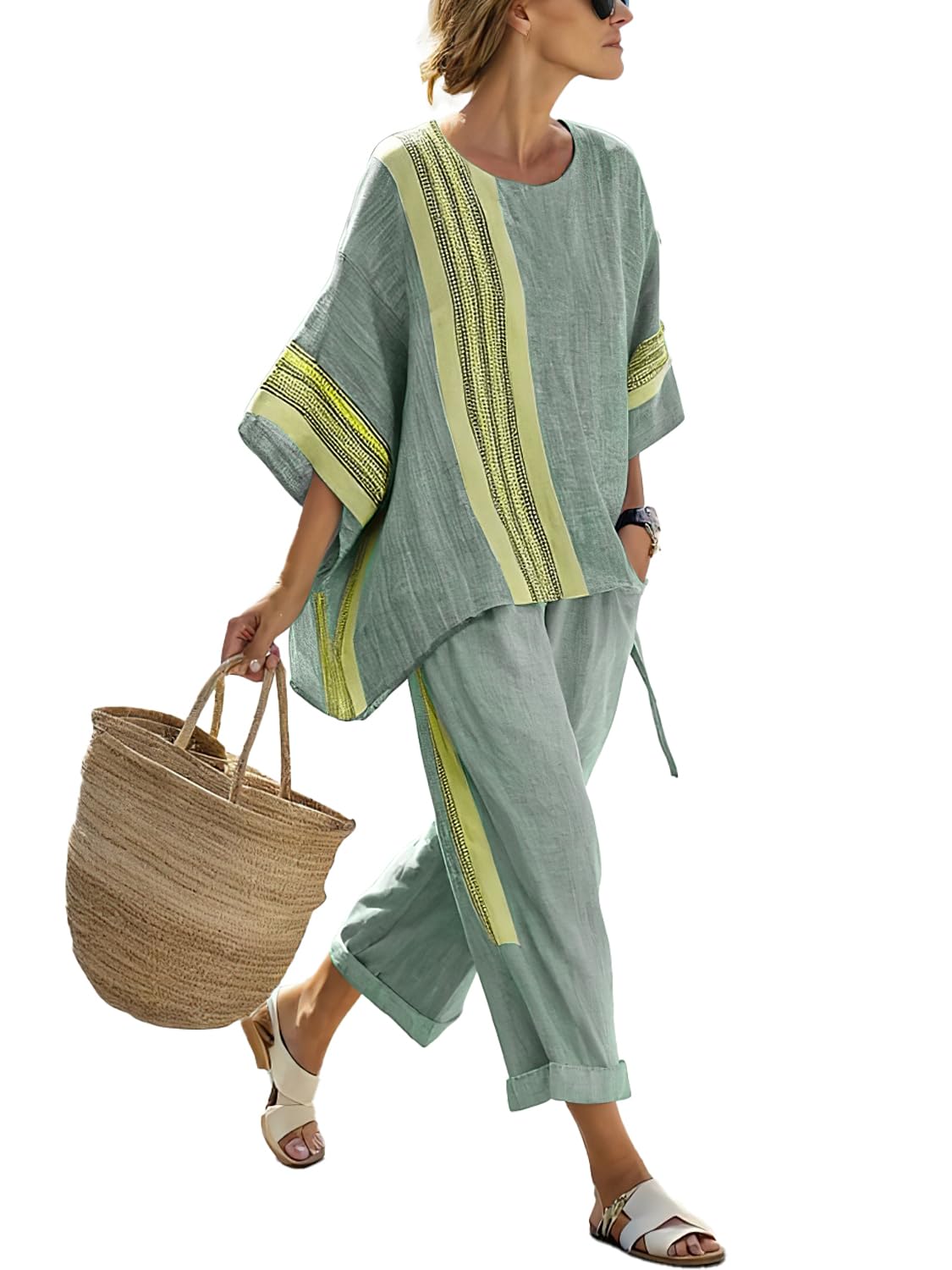 Womens 2 Piece Outfits Cotton Short Sleeve Tops and Elastic Waist Crop Wide Leg Pants Lounge Sets