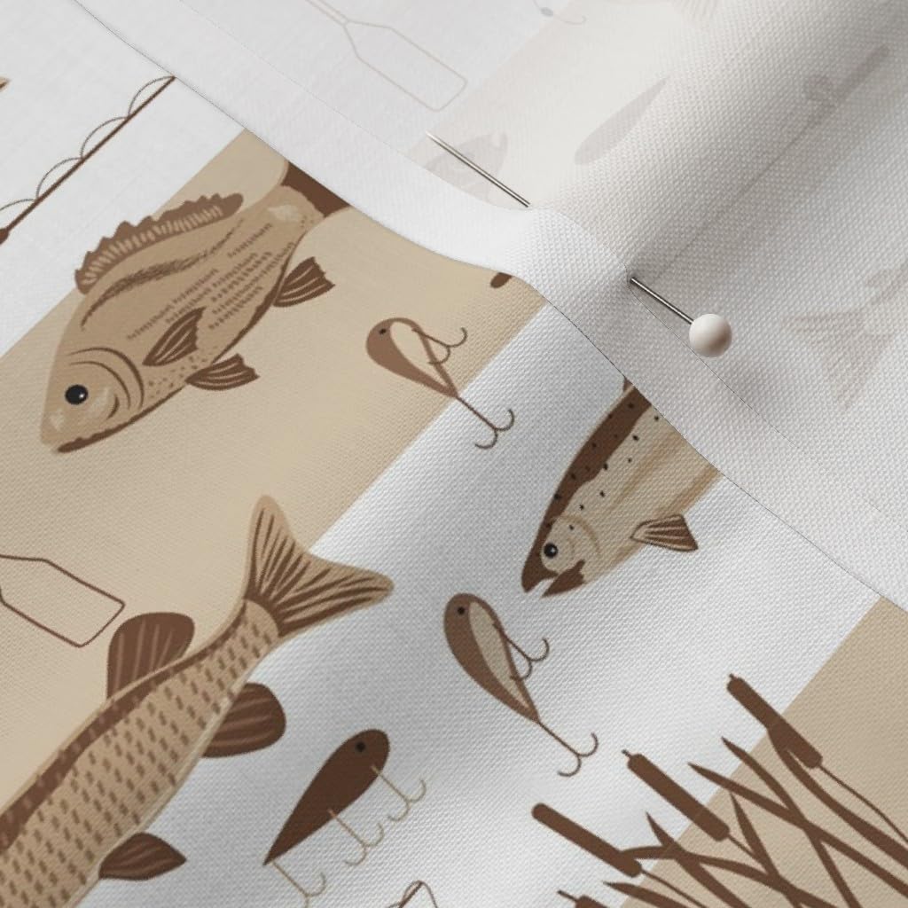 Spoonflower Fabric - Brown Lake River Fish Tan White Large Trout Bass Fishing Lures Hooks Printed on Petal Signature Cotton Fabric by The Yard - Sewing Quilting Apparel Crafts Decor
